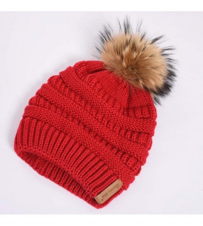 Skullies & Beanies Women Winter Knitted Beanie Pompom Hat Warm Solid Skull Ski Caps Real Raccoon Fur Ball Furry Acrylic - Red...
