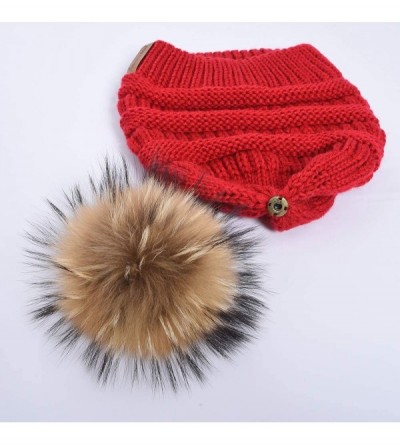 Skullies & Beanies Women Winter Knitted Beanie Pompom Hat Warm Solid Skull Ski Caps Real Raccoon Fur Ball Furry Acrylic - Red...