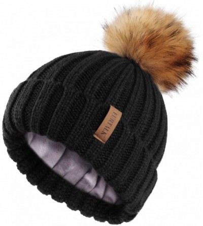 Skullies & Beanies Womens Winter Knitted Beanie Hat with Faux Fur Pom Fleece Lined Warm Beanie for Women - 01-black - CY18UXM...