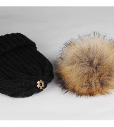 Skullies & Beanies Womens Winter Knitted Beanie Hat with Faux Fur Pom Fleece Lined Warm Beanie for Women - 01-black - CY18UXM...