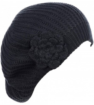 Berets Womens Fall Winter Ribbed Knit Beret Double Layers with Flower - Charcoal Gray - C9127BHM26B $12.36