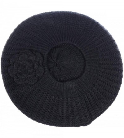 Berets Womens Fall Winter Ribbed Knit Beret Double Layers with Flower - Charcoal Gray - C9127BHM26B $12.36
