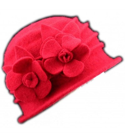 Bucket Hats Flower 100% Wool Dome Bucket Hat Winter Cloche Hat Fedoras Derby Hat - B-red - C218HDZT3TR $14.21