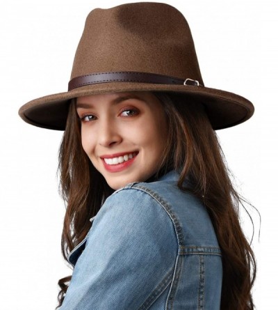 Fedoras 100% Wool Wide Brim Fedora Panama Hat with Belt Buckle Fedora Hats for Men Women - Brown - CF18ZINEDU4 $31.84