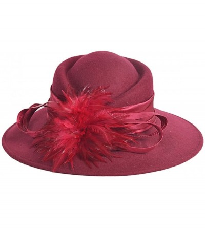 Bucket Hats Women Wool Felt Plume Church Dress Winter Hat - Feather Style-burgundy - CS11MJML7ZL $30.84