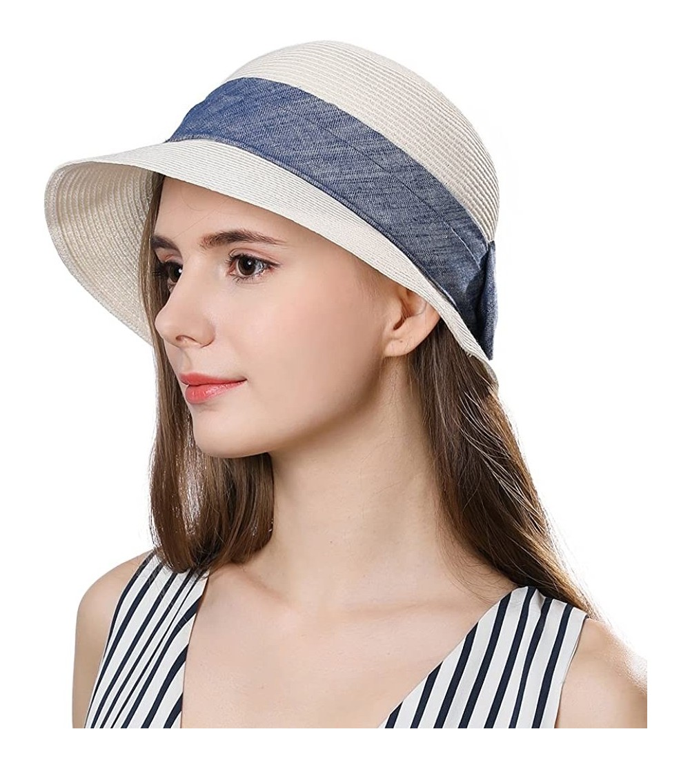 Sun Hats Womens Wide Roll Up Brim Packable Straw Sun Cloche Hat Fedora Summer Beach 55-58cm - White_89316 - CT18DCRAK46 $14.49