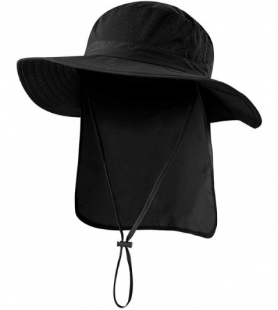 Sun Hats Outdoor UPF50+ Mesh Sun Hat Wide Brim Fishing Hat with Neck Flap - Black - CI18QZ5NXU9 $19.65