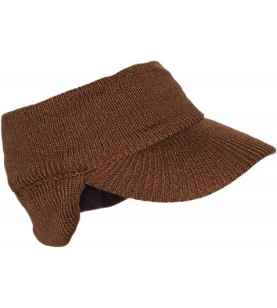 Skullies & Beanies Double Layer Knit Open Visor Brim Ear Flap Hat- Winter Visor Headband Ponytail Beanie - Brown - C11802YH4R...