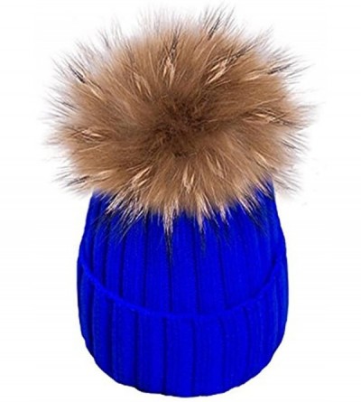Skullies & Beanies Womens Girls Warm Winter Raccoon Fur Pom Pom Ball Knit Beanie Skull Hat - Royal Blue - C4189D6DXQC $10.98