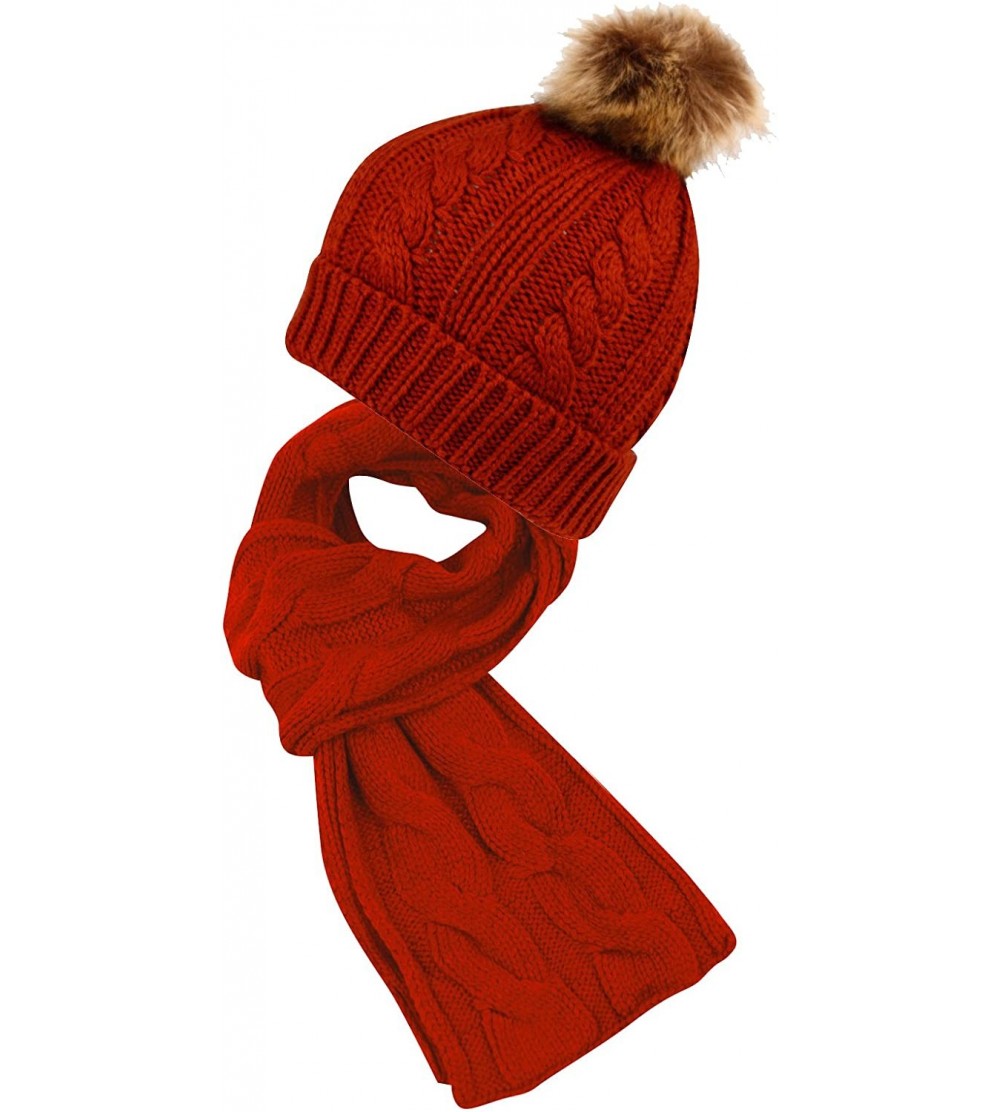 Skullies & Beanies Unisex Winter Warm Cable Knit Scarf with complementing Pompom Slouchy Beanie - Set2179red - C012BHPWNF3 $2...