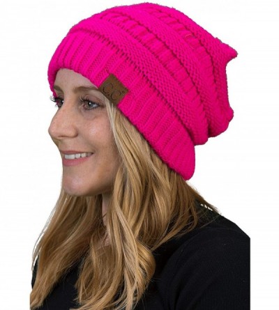 Skullies & Beanies Solid Ribbed Beanie Slouchy Soft Stretch Cable Knit Warm Skull Cap - Neon Hot Pink - CM12BYBC10R $11.86
