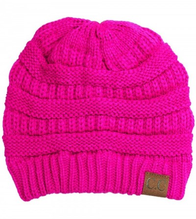 Skullies & Beanies Solid Ribbed Beanie Slouchy Soft Stretch Cable Knit Warm Skull Cap - Neon Hot Pink - CM12BYBC10R $11.86