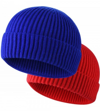 Skullies & Beanies 2PCS Swag Wool Knit Cuff Short Fisherman Beanie for Men Women- Winter Warm Hats - Set T(red+royal Blue) - ...