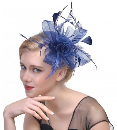 Berets Women's Fascinator Hat Flower Bead Pillbox Hat Bowler Feather Flower Hair Clip Wedding Party Hat - Navy Blue - CJ18EEG...