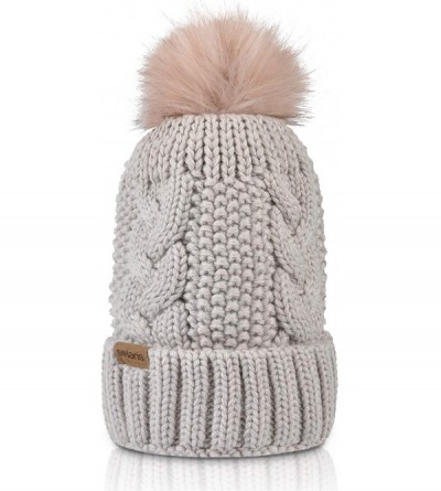 Skullies & Beanies Cable Knit Beanie Warm Faux Fuzzy Fur Pom Pom Skull Ski Cap for Men- Women - Khaki - CT186YGXHWL $9.58