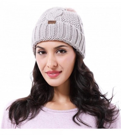 Skullies & Beanies Cable Knit Beanie Warm Faux Fuzzy Fur Pom Pom Skull Ski Cap for Men- Women - Khaki - CT186YGXHWL $9.58