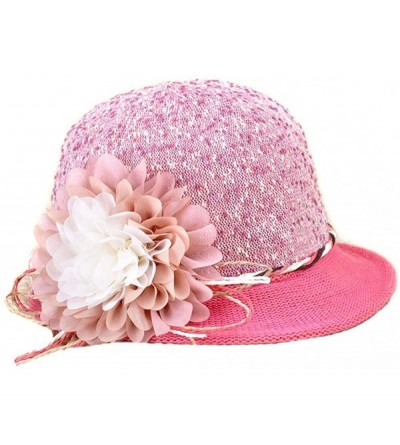 Bucket Hats Beach Flower Cloche Hemp Straw Sun Brim Hat Cap FFH041 - Pink - CI11DRS0XQP $21.82