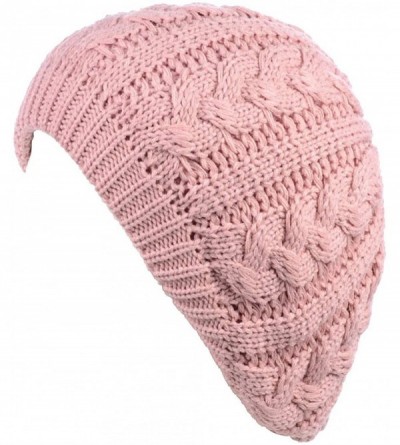 Berets Womens Winter Cozy Cable Fleece Lined Knit Beret Beanie Hat (Set Available) - Pastel Pink Cable - CG18K68TOI5 $21.87