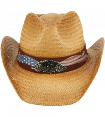 Cowboy Hats USA American Flag Straw Cowboy Hat w/Shapeable Brim- Red- White- Navy Blue - Cow4039 - CP18QIO7NXM $33.78