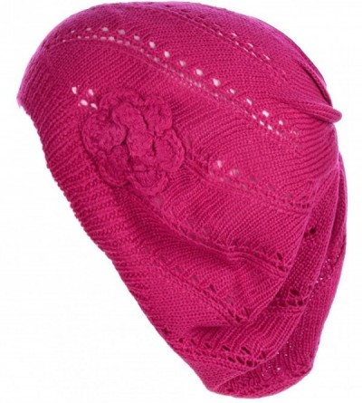Berets Open Weave Womens Crochet Mesh Beanie Hat Flower Fashion Soft Knit Beret Cap - 2679fuschia - CI194WXL2EW $23.79