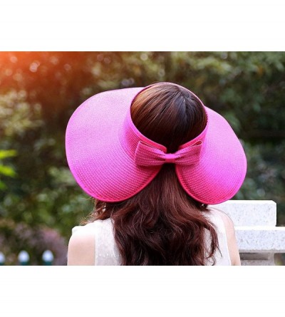 Visors Women's Summer Foldable Straw Sun Visor w/Cute Bowtie UPF 50+ Packable Wide Brim Roll-Up Visor Beach Hat - Khaki - CD1...