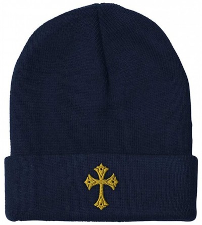Skullies & Beanies Custom Beanie for Men & Women Gold Roman Catholic Cross Embroidery Skull Cap Hat - Navy - C018ZS3RTGL $13.77