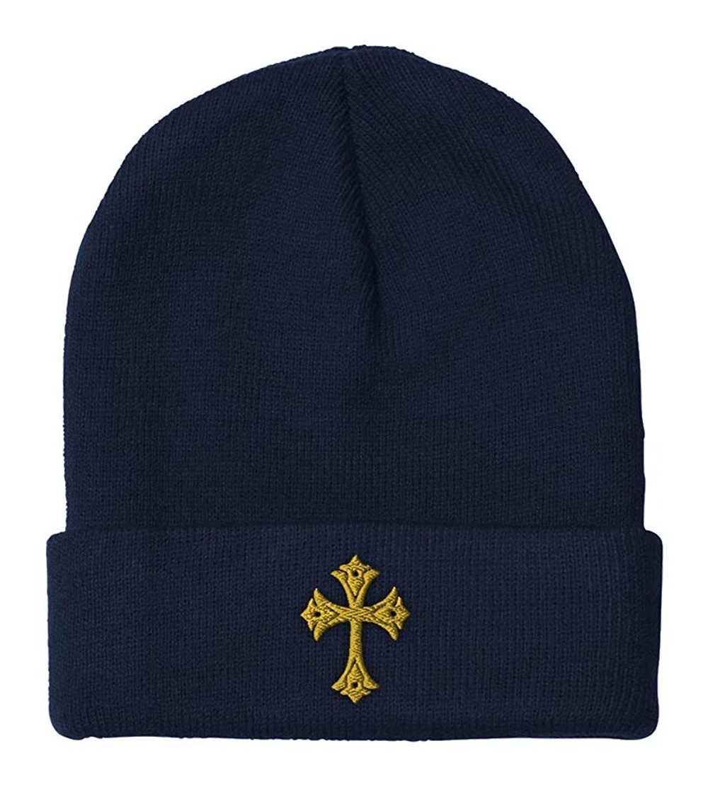 Skullies & Beanies Custom Beanie for Men & Women Gold Roman Catholic Cross Embroidery Skull Cap Hat - Navy - C018ZS3RTGL $13.77