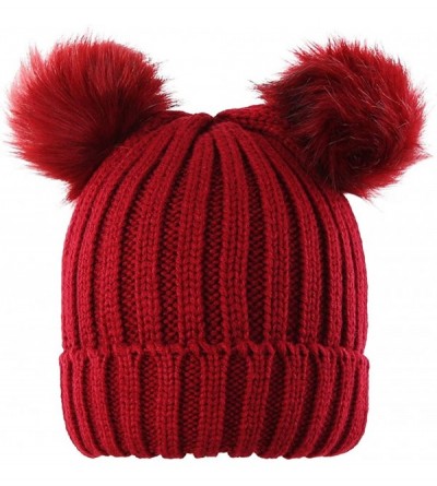 Skullies & Beanies Two Pom Pom Hat Lovely Beanie Winter Warm Knit Hats Slouchy Beanie for Women - Wine - C31886SW4IT $9.58