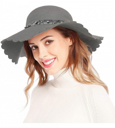 Sun Hats Women's Wide Brim Wool Ribbon Band Floppy Hat - Rhinestone Style_gray - CL18A43RUQW $19.44