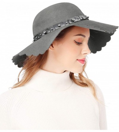 Sun Hats Women's Wide Brim Wool Ribbon Band Floppy Hat - Rhinestone Style_gray - CL18A43RUQW $19.44