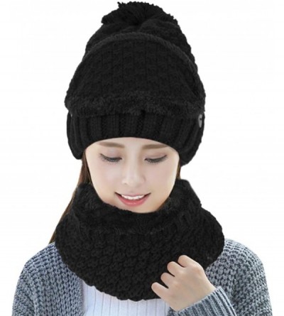 Skullies & Beanies Knitted Beanie Gloves & Scarf Winter Set Warm Thick Fashion Hat Mittens 3 in 1 Cold Weather For Women - Bl...