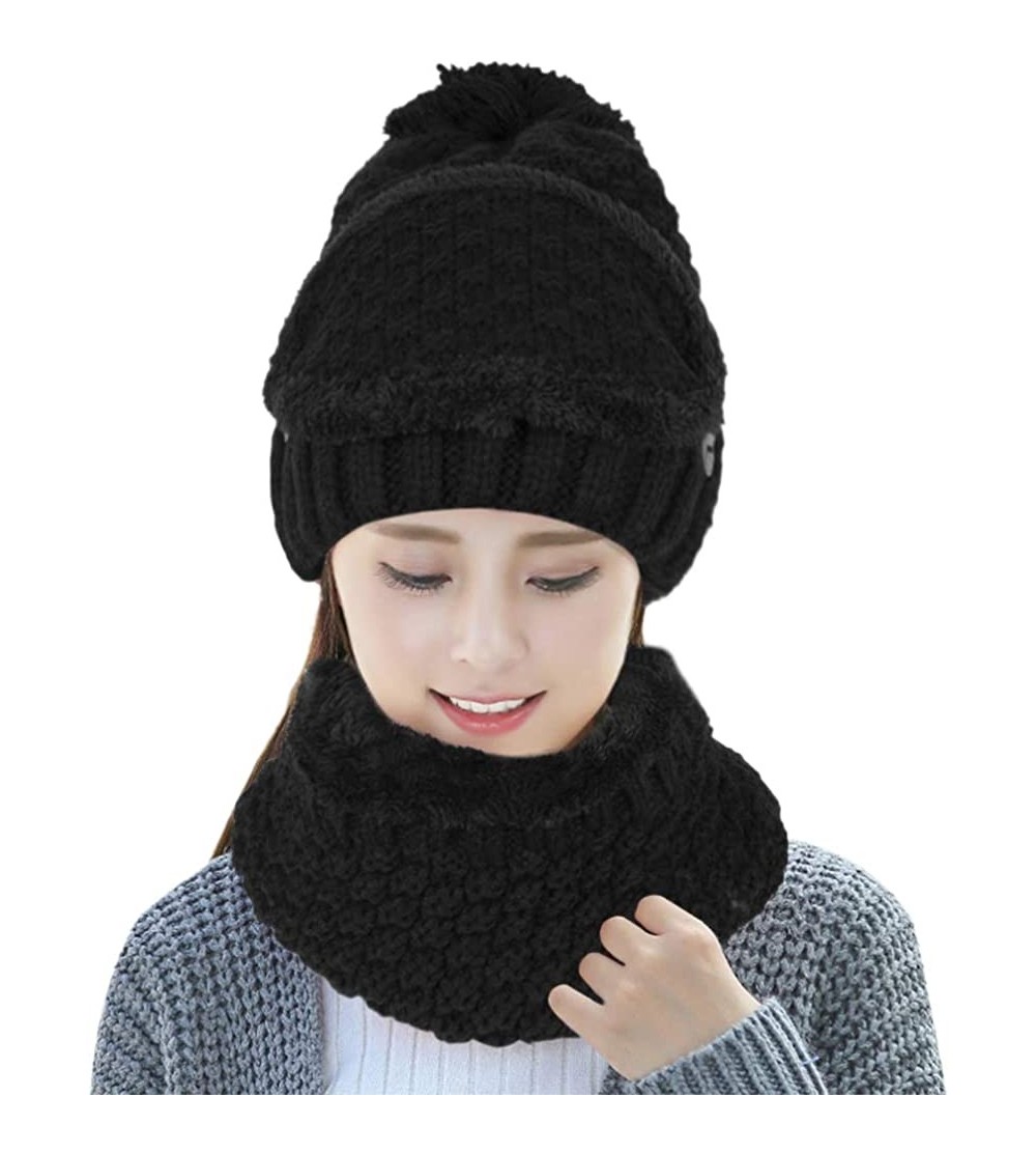 Skullies & Beanies Knitted Beanie Gloves & Scarf Winter Set Warm Thick Fashion Hat Mittens 3 in 1 Cold Weather For Women - Bl...