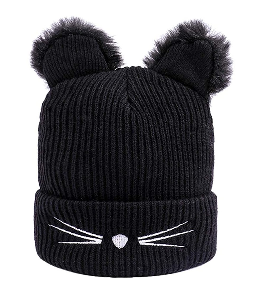Skullies & Beanies Women Winter Fashion Keep Warm Cat Ear Winter Hats Knitted Wool Hemming Hat - Black - C018KQDRMHR $7.69