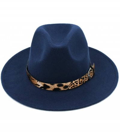 Fedoras Women's Wool Blend Panama Hats Wide Brim Fedora Trilby Caps Leopard Leather Band - Navy Blue - CQ18670YZRD $14.09