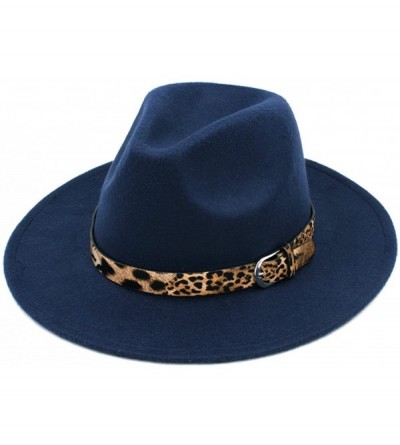 Fedoras Women's Wool Blend Panama Hats Wide Brim Fedora Trilby Caps Leopard Leather Band - Navy Blue - CQ18670YZRD $14.09
