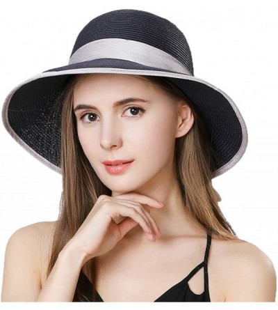 Sun Hats Floppy Straw Sun Hat Fedora for Women Summer Beach Wide Brim Packable Panama Cloche 56-58cm - Navy_99043 - CI18CN4OL...