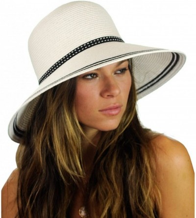 Sun Hats Women's Dotted Band Two Tone Weaved Trim Floppy Sun Hat - White - CW12DFUTJ91 $25.77