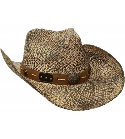 Cowboy Hats Hand Stained Raffia Western Straw Hat with Leather Band Conchos Studs - Raffia - CX12CAEYT7T $64.55
