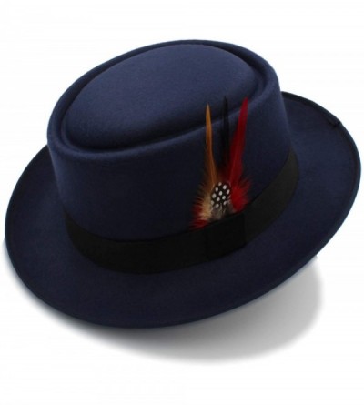 Fedoras Fashion Men Pork Pie Hat Wool Flat Fedora Hat Gentleman Panama Trilby Hat with Fashion Feather - Dark Blue - CG18NHU5...
