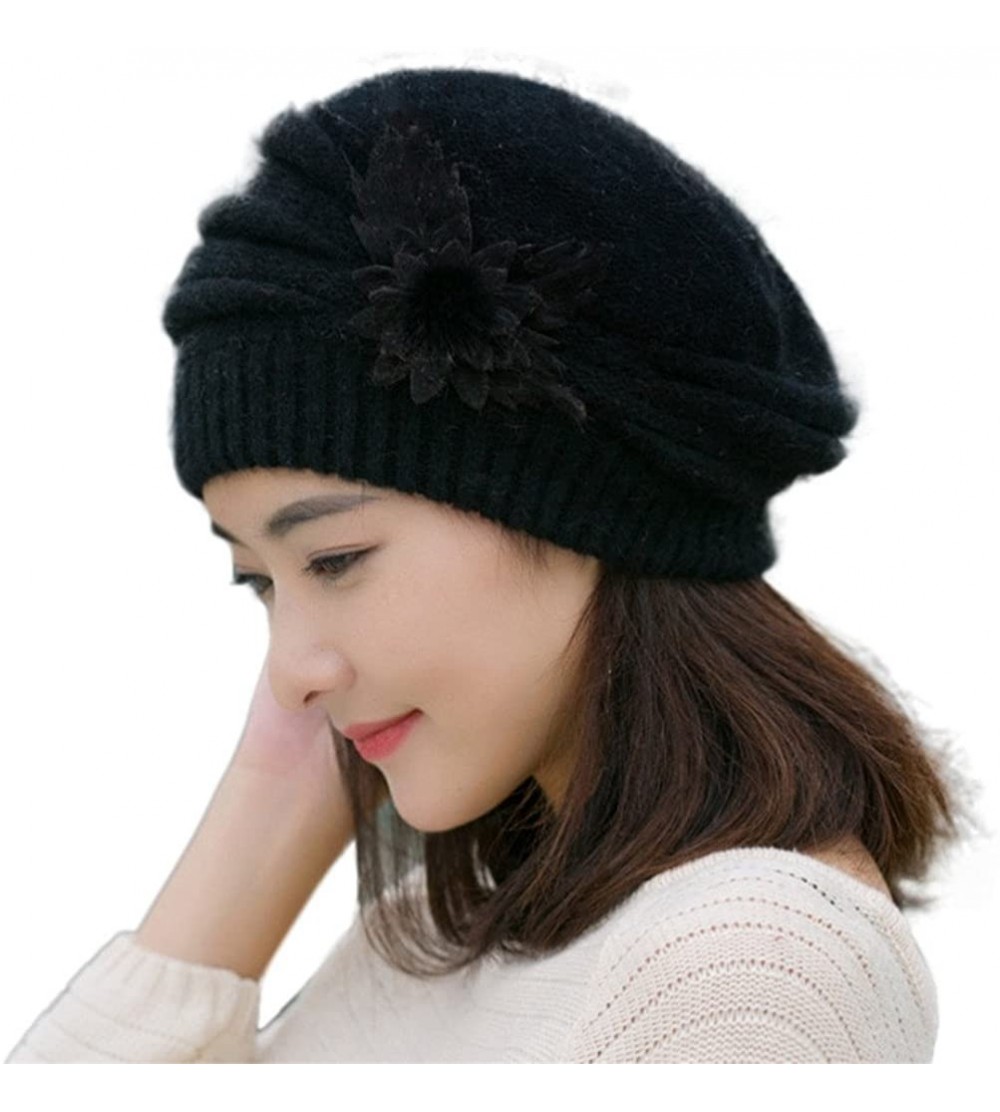 Berets Winter Beret Cap Womens Flower Knit Crochet Beanie Hat Winter Warm Cap - Black - C312O41PJMA $11.08