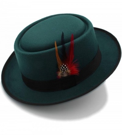 Fedoras Fashion Men Pork Pie Hat Wool Flat Fedora Hat Gentleman Panama Trilby Hat with Fashion Feather - Dark Blue - CG18NHU5...
