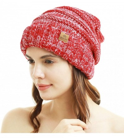 Skullies & Beanies Womens Winter Beanie Warm Cable Knit Hat Style Stretch Trendy Ribbed Chunky Cap - 1 Red&white - CY18W7YOKY...