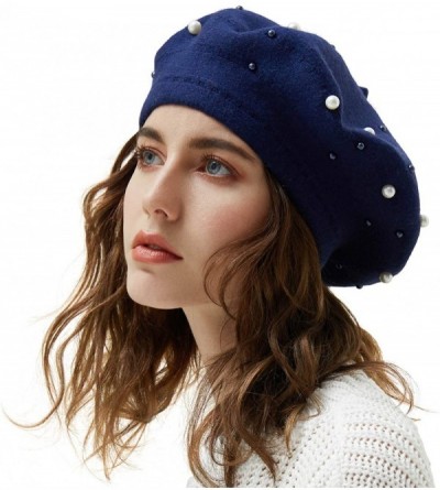 Berets Women French Beret Embellished Pearl Ladies Art Basque Hat French Barrette Solid Color Beanie Hat for Girl - Blue - CU...