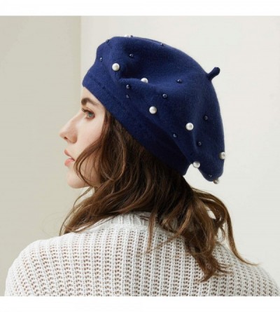 Berets Women French Beret Embellished Pearl Ladies Art Basque Hat French Barrette Solid Color Beanie Hat for Girl - Blue - CU...
