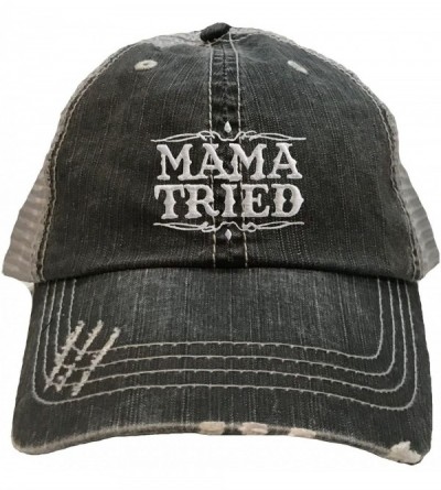 Baseball Caps Adult Mama Tried Embroidered Distressed Trucker Cap - Black/ Grey - CZ180RIM4HX $25.37
