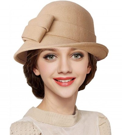 Bucket Hats 100% Wool Vintage Felt Cloche Bucket Bowler Hat Winter Women Church Hats - Big Bow Beige5 - CP18K7Q63LH $21.66