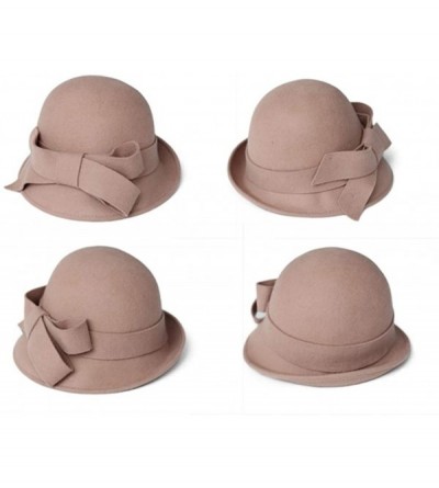 Bucket Hats 100% Wool Vintage Felt Cloche Bucket Bowler Hat Winter Women Church Hats - Big Bow Beige5 - CP18K7Q63LH $21.66