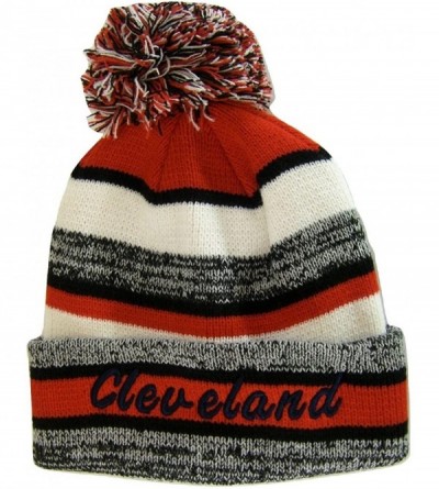 Skullies & Beanies Cleveland 4-Color Embroidered Adult Size Thick Winter Knit Pom Beanie Hat - Navy Script - CI188QOHOQ4 $10.51