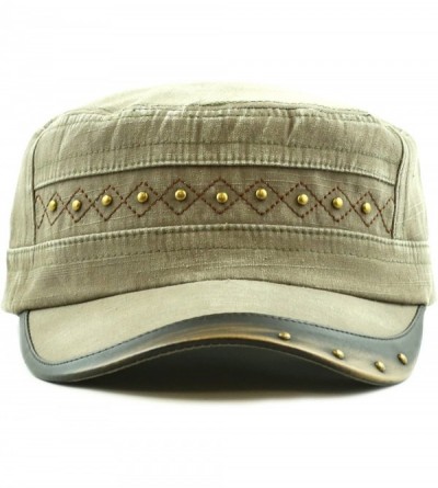 Baseball Caps Cadet Cap- Light Weight Cotton Leather Accent Washed Military Hat - Olive - CA125IZGXNV $9.23