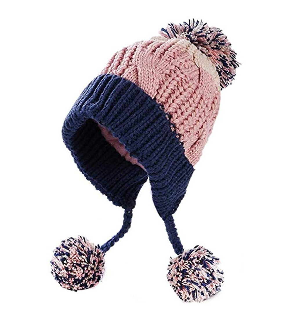 Skullies & Beanies Women Winter Soft Knitted Beanie Hat Ski Ear Flaps Caps for Girls Warm Hats - Pink Navy - CL18K5WLDNH $12.33